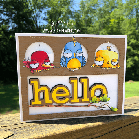 Oddball-bird-angry-hello-birds-peekaboo-window-3-lumber-3D-embossing-Deb-Valder-stampladee-Teaspoon of Fun Bird's Eye View. All products can be purchased in our Teaspoon Of Fun Paper Crafting Shop at www.TeaspoonOfFun.com/SHOP
