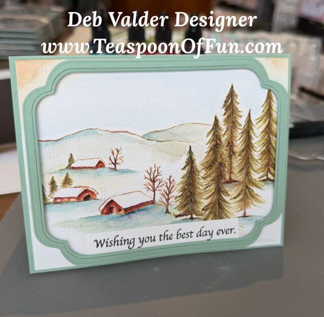 Rural Winter Watercolor. All products can be purchased from Teaspoon Of Fun's Paper Crafting Shop at www.TeaspoonOfFun.com/SHOP.