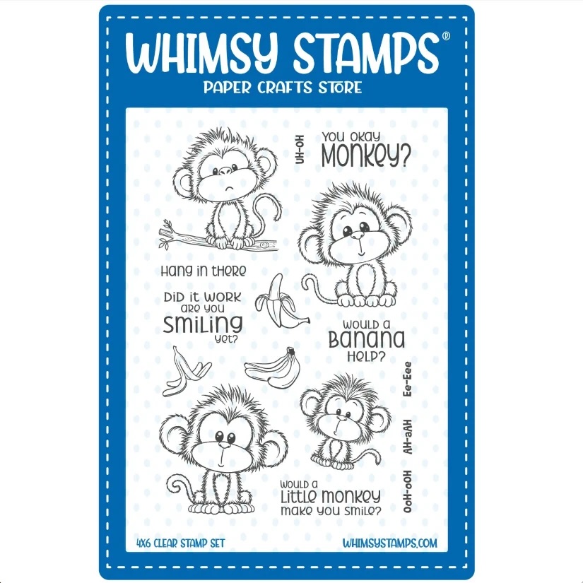 Whimsy Stamps Adorable Monkeys Clear Stamp Set CWSD380a featuring cute monkey illustrations and coordinating sentiments for handmade cards, scrapbooking, and paper crafting.