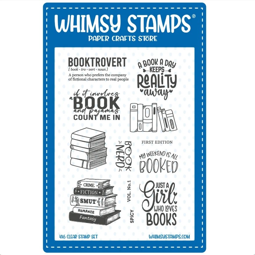Whimsy Stamps Book Nerd Clear Stamp Set CWSD388a featuring book-themed illustrations and reading sentiments for handmade cards, bookmarks, journaling, and paper crafting.