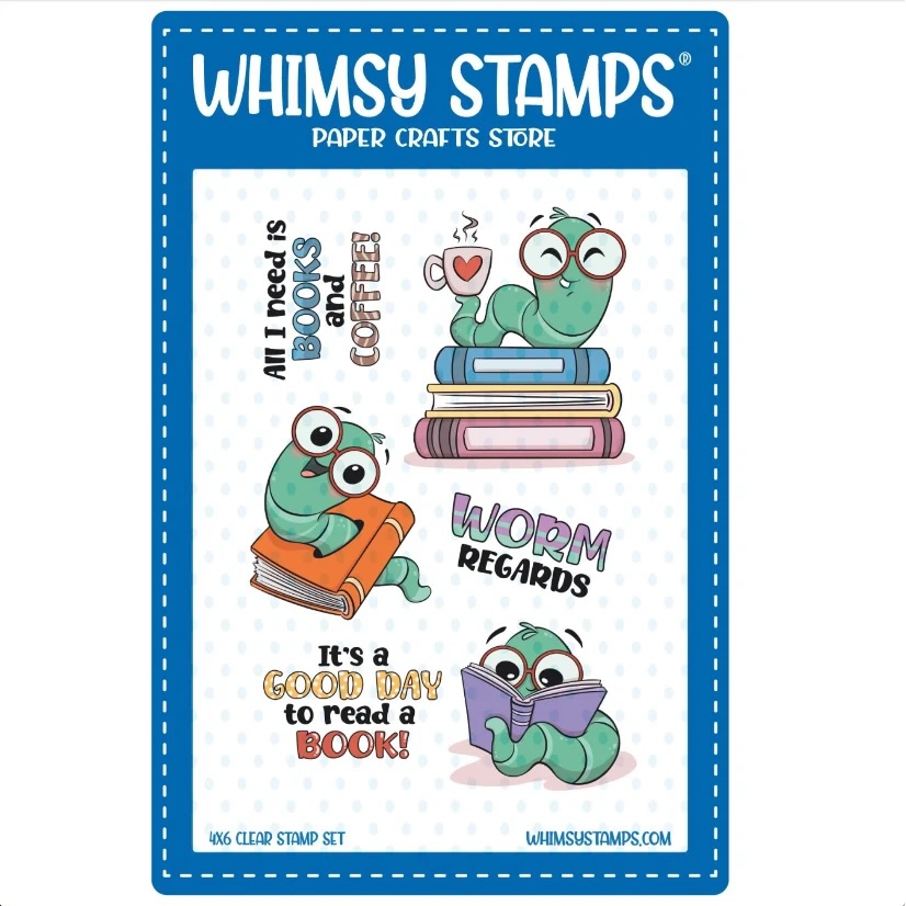 Whimsy Stamps Bookworm Clear Stamp Set KHB1214a featuring book-themed illustrations and reading sentiments for handmade cards, bookmarks, journaling, and paper crafting.